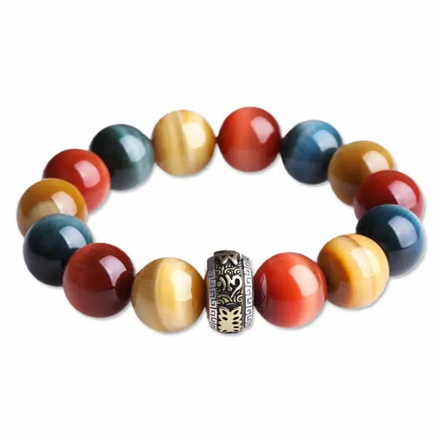 妍韵珠宝 国潮霸气彩色闪耀 六字真言转运珠 虎眼石 玉石手串 男女同款情侣款