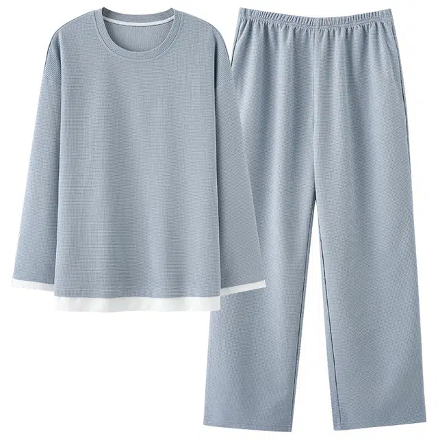 夏芬妍 时尚简约亲肤拼接色纯棉华夫格圆领套头家居服舒适休闲长袖长裤可外穿春秋款睡衣套装 女款 蓝色