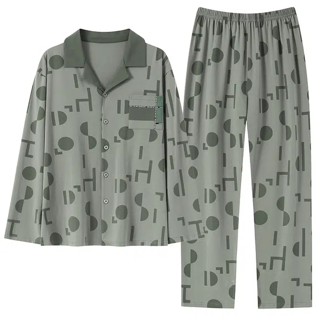 好福份 透气简约可外穿长袖长裤睡衣套装 男款 灰绿