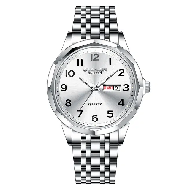 冠琴 简约现代时尚百搭个性夜光防水 石英机芯 精钢表带 国表 男表 银色表盘