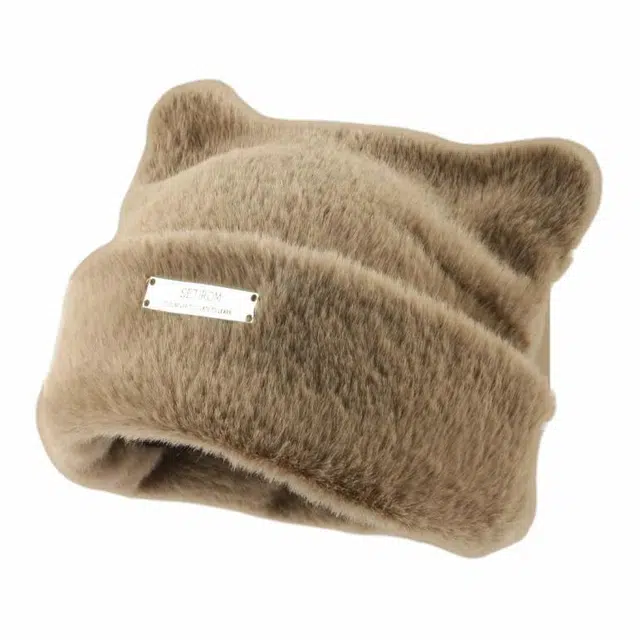 俞兆林 韩国新可爱猫耳朵仿貂毛针织帽冷帽时尚包头 涤纶 绒线帽 女款 卡其色/黑色/奶白色