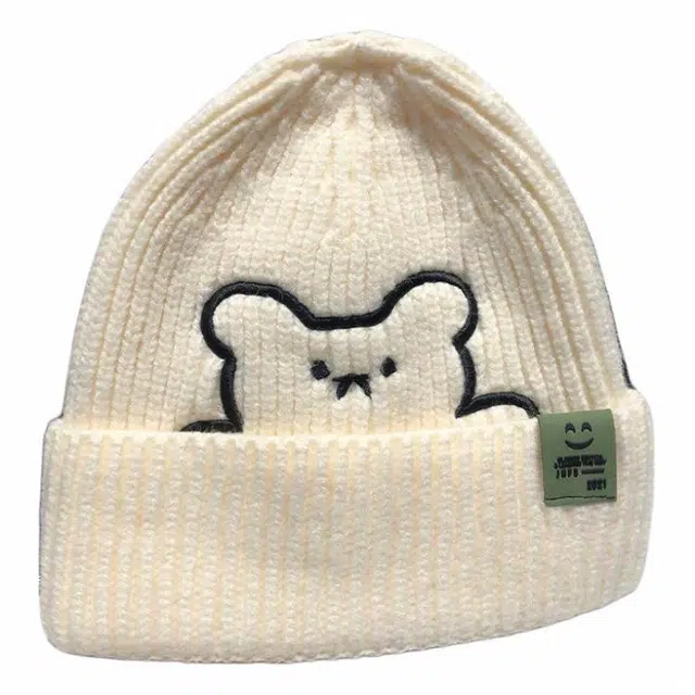 俞兆林 帽子秋冬季百搭可爱小熊刺绣保暖护耳笑脸针织帽 腈纶 绒线帽 女款 米白/宝蓝/黑色/灰色/桔色/卡其/藕粉/紫色/黄色