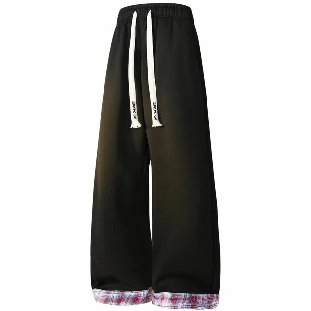 吾皇猫 高街风美式复古基础款简约百搭设计感格子拼接裤脚潮流舒适透气垂感直筒长裤子时尚休闲宽松纯色弹力中腰系带针织运动裤 男女同款