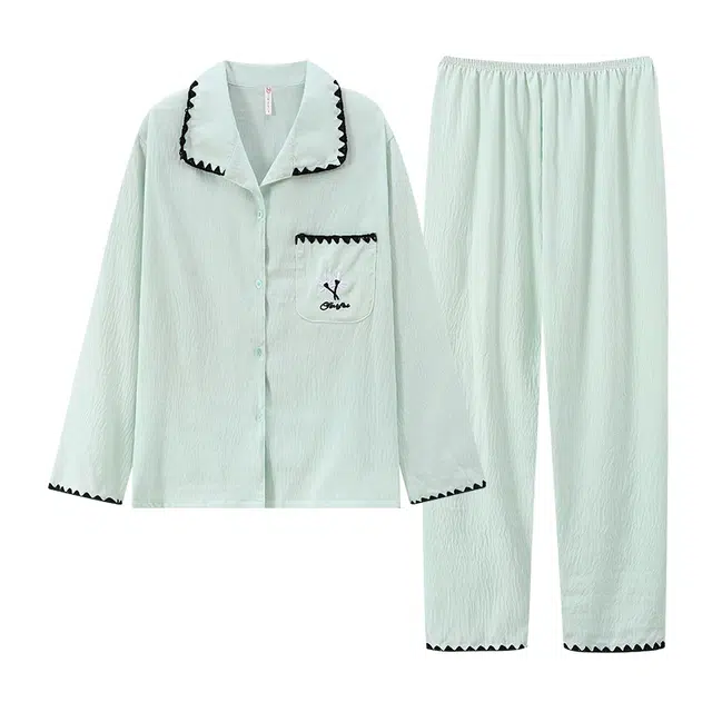 俞兆林 可爱小樱桃时尚卡通口袋柔软翻领长袖长裤舒适亲肤睡衣套装 女款 绿色