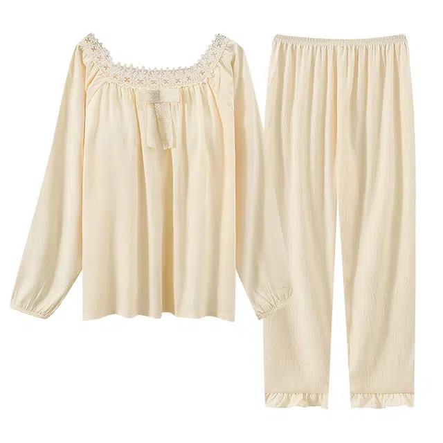 乐姿韵 轻奢纯色时尚带固定胸垫公主风柔软舒适梭织云朵棉可爱休闲睡衣套装 女款 杏色