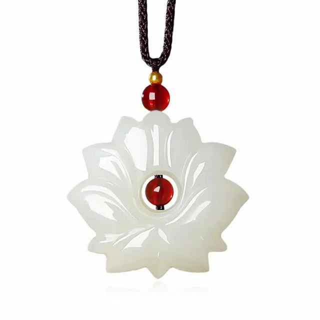 贝诗珠宝 莲花吊坠玉石双面雕莲花玉坠挂件富贵如意玉佩好事连连如意吉祥中式 和田玉项链 青白玉 男女同款情侣款