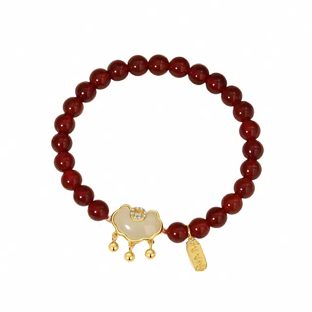 幸囍礼 繁花平安锁 新中式国风国潮上上签手饰平安锁 玛瑙 玉石手串 女款