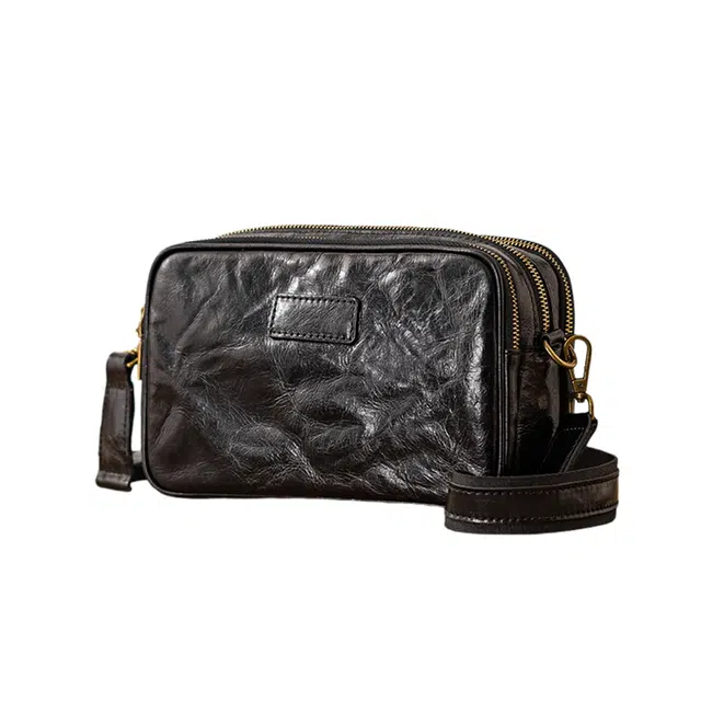 后步 小众设计多功能褶皱休闲通勤百搭潮流 牛皮 单肩包 男款 多色