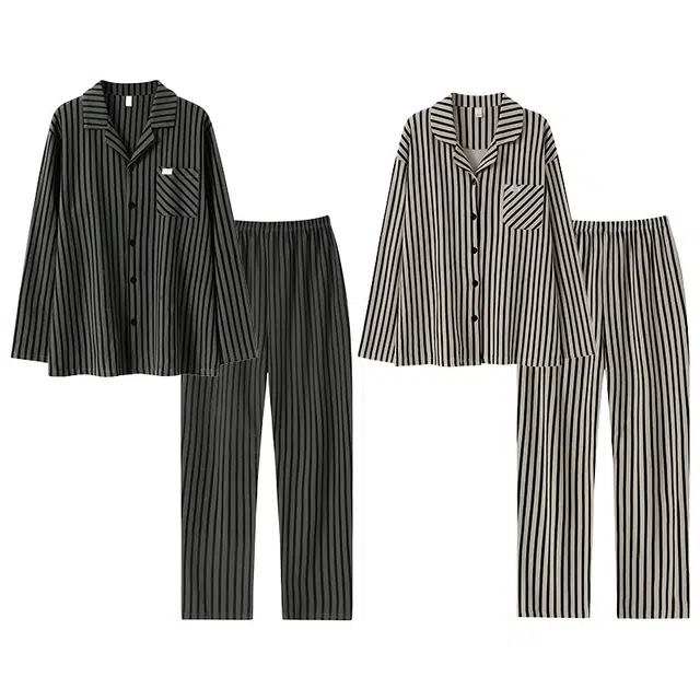 好福份 条纹透气长袖可外穿长裤睡衣套装 男女同款