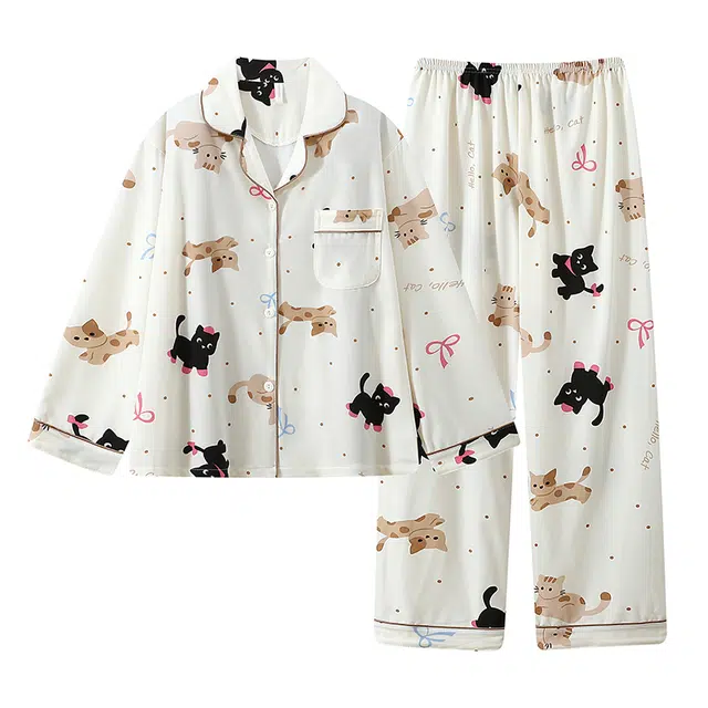 俞兆林 带胸垫可爱甜美小猫蝴蝶结卡通口袋舒适仿棉翻领柔软亲肤少女休闲睡衣套装 女款 白色