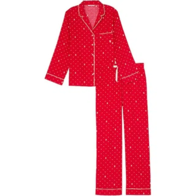 Victoria's Secret Flannel Long Pajama Set LIPSTICK LOGO DOTS