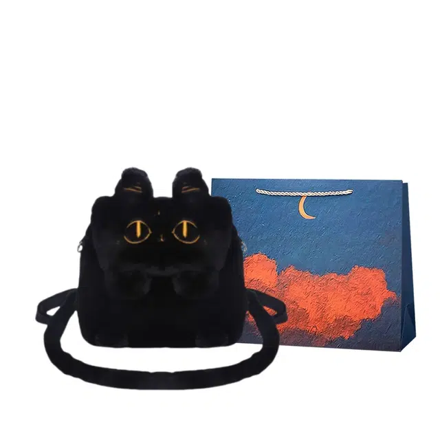 爱尔绅特 卡通可爱小豆猫通勤 毛绒 双肩包 常规 女 黑色/白色