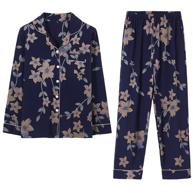 莫代尔 舒适亲肤休闲简约时尚长袖家居服可外穿睡衣套装 女款 藏青色