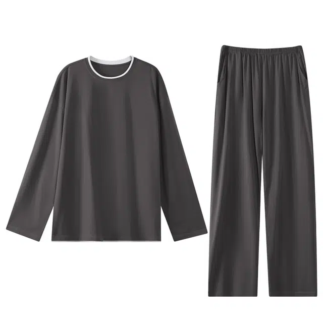 好福份 简约可外穿圆领纯色长袖长裤睡衣套装 男款 图片色