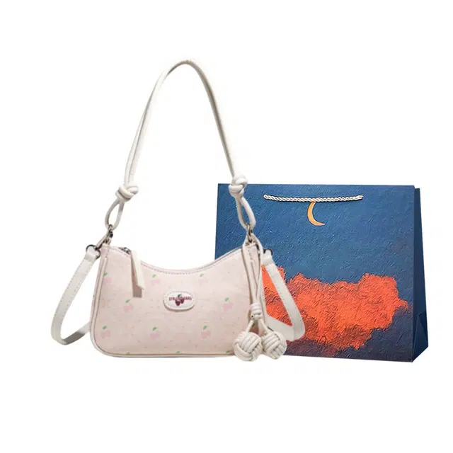 爱尔绅特 童趣萌宠少女草莓双绳结挂件通勤 人造革 单肩包 常规 女 米白色/粉色