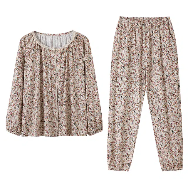 莫代尔 休闲柔软舒适亲肤甜美花卉时尚长袖长裤春秋季睡衣套装 女款 卡其色