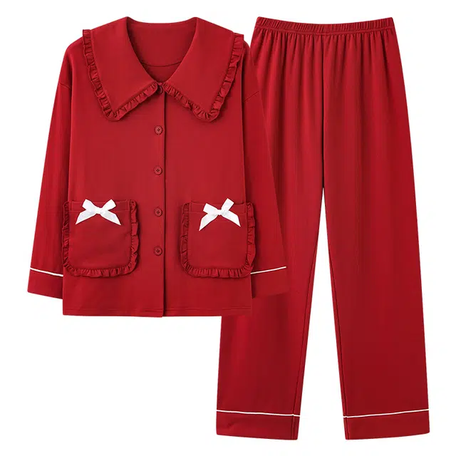夏芬妍 亲肤舒适蝴蝶结贴袋花边拼接公主领纯棉家居服简约休闲长袖长裤可外穿喜庆本命年睡衣套装 女款 红色