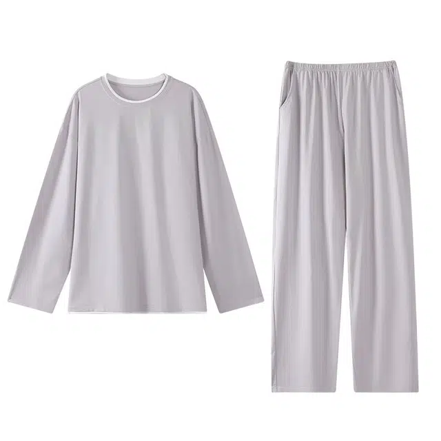 好福份 纯色简约圆领套头可外穿长袖长裤睡衣套装 男款 图片色