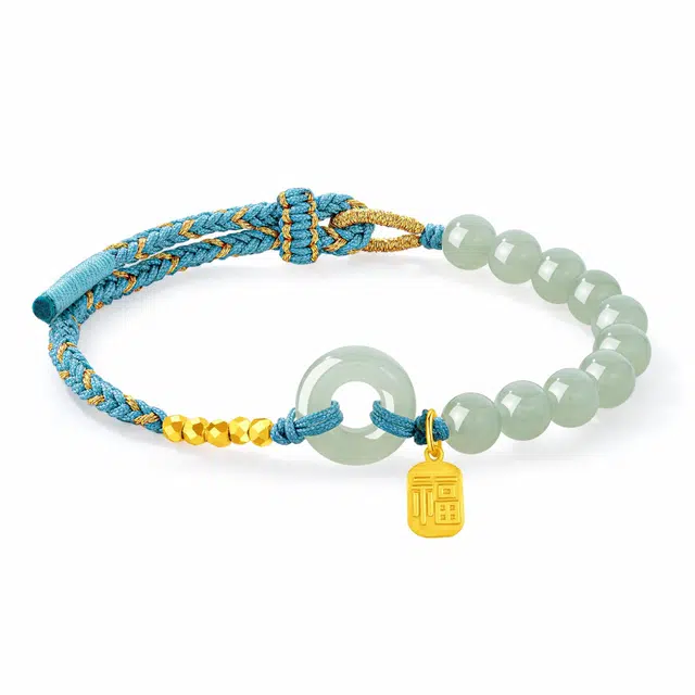 老凤祥 碎银几两平安扣串珠 新中式中国风福牌#好运 和田玉手链 青玉 女款