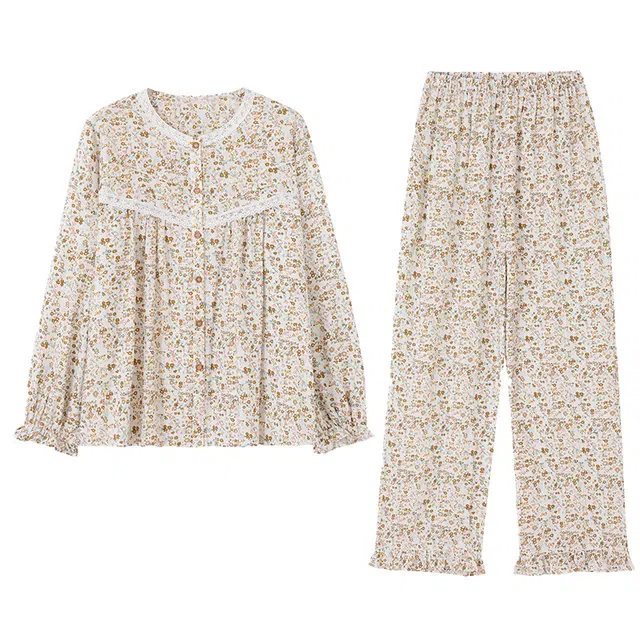 莫代尔 柔软舒适亲肤满印复古小清新甜美轻奢优雅家居服可外穿睡衣套装 女款 杏色