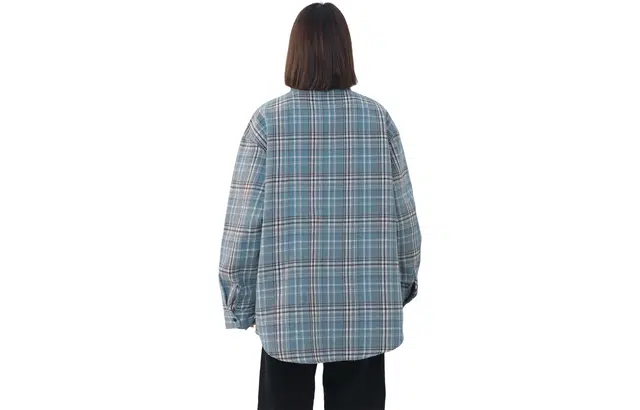 木林森 美式复古单排扣宽松学院风休闲简约长袖衬衫 男女同款 蓝格