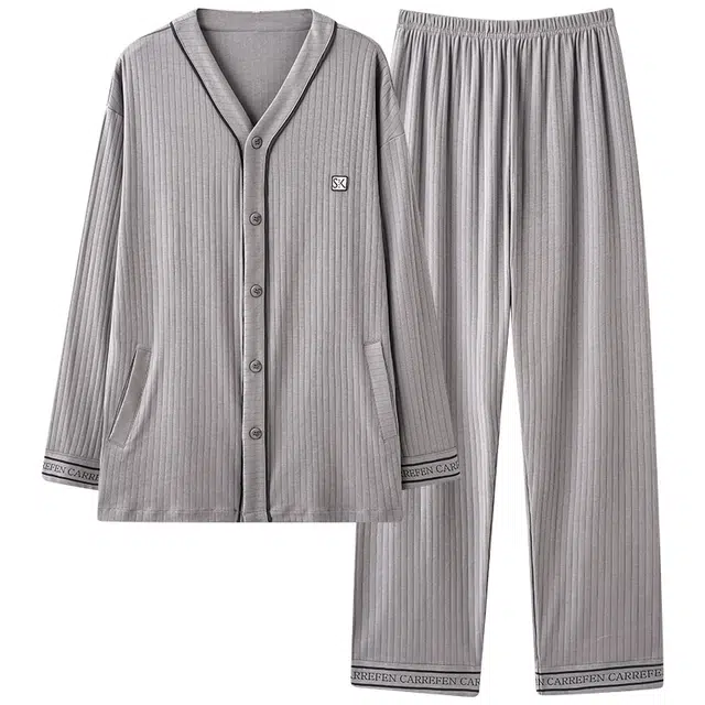 夏芬妍 简约休闲亲肤舒适坑条纹纯棉开衫家居服长袖长裤宽松可外穿睡衣套装 男款 灰色