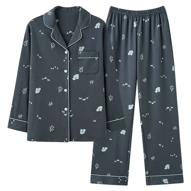 夏芬妍 亲肤舒适翻领家居服简约休闲长袖长裤可外穿睡衣套装 女款 藏蓝色