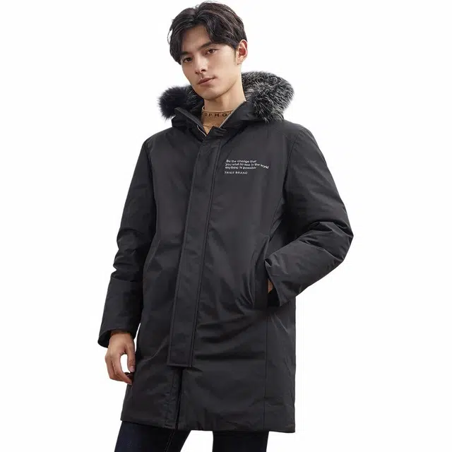 才子 加厚保暖可拆狐狸毛领羽绒服 男款 黑色