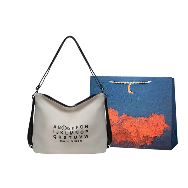 爱尔绅特 韩版休闲字母小众简约 帆布 斜挎单肩包 女款 黑色/白色