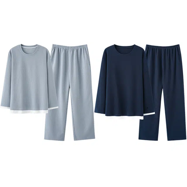 好福份 华夫格透气休闲长裤简约棉长袖睡衣套装 男女同款