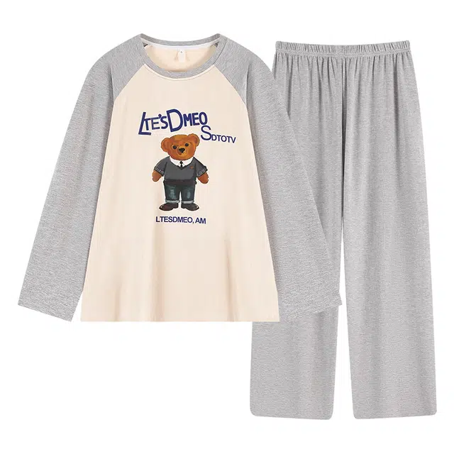 俞兆林 撞色甜美可爱圆领长袖长裤高级感卡通休闲家居服可外穿睡衣套装 女款 浅灰色