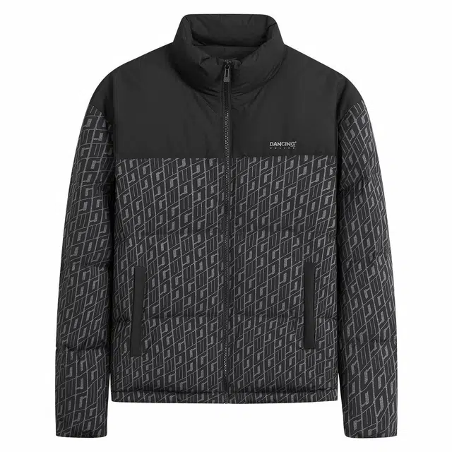 与狼共舞 时尚百搭拼接满印保暖易打理羽绒服 男款 黑色