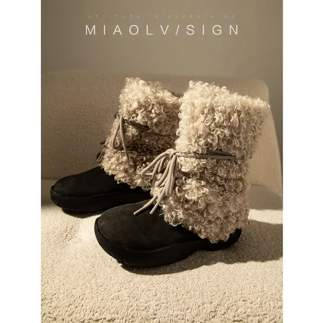 妙侣 牛反绒 保暖耐磨增高防滑 时尚潮流百搭 中筒 雪地靴 女