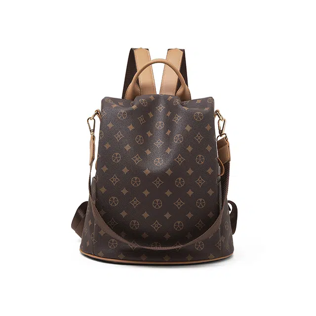 老人头 轻便 合成革 双肩包 常规 女款 咖啡色