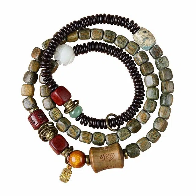 京华录 乙巳蛇年流通代请国潮新中式复古混搭铜木珠招财纳福转运珠多圈叠戴串珠旗袍汉服配饰#好运 绿檀 手串 男女同款情侣款