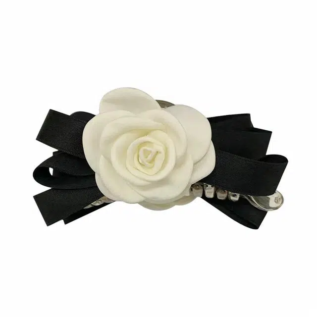 妖娆猫 气质山茶花布艺丝带法式后脑勺盘发头饰高级感网红优雅大号黑色发饰 发夹 女款