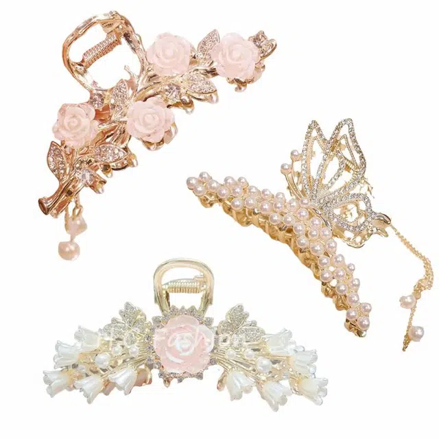 妖娆猫 气质优雅山茶花流苏高级感鲨鱼夹子后脑勺盘发 合金 发夹 女款