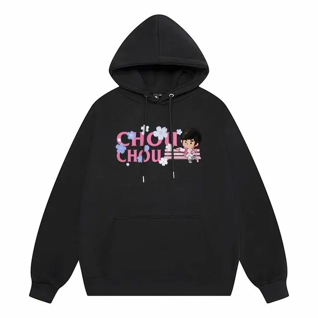 周同学 周杰伦 高街潮流个性花朵点缀字母连帽宽松套头加绒加厚防寒保暖舒适百搭长袖卫衣 男女同款