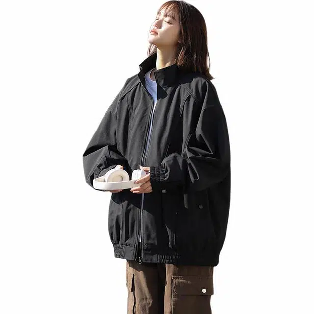 独驰 复古立领设计纯色宽松落肩夹克外套 男女同款