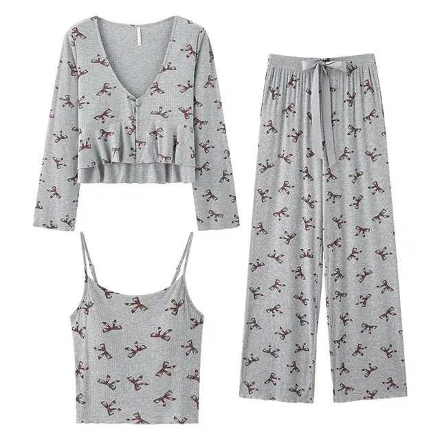 浪莎 简约休闲可外穿长袖长裤夏季睡衣套装 女款 灰色蝴蝶