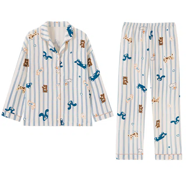 欧诗帛 条纹休闲可爱甜美长袖长裤睡衣套装 女款 图片色