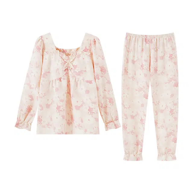 欧诗帛 甜美休闲长袖可爱带胸垫家居服睡衣套装 女款 图片色