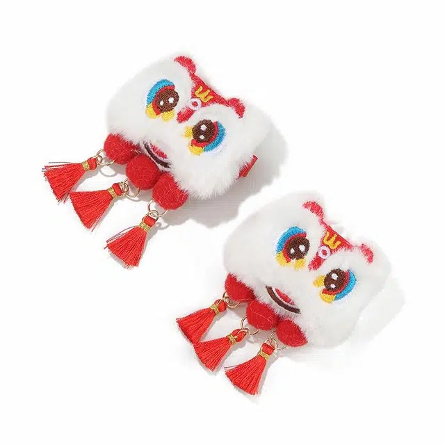 如花梦 红色醒狮毛毛流苏新中式丸子头发卡中国风旗袍汉服配饰 毛绒 发夹 女款