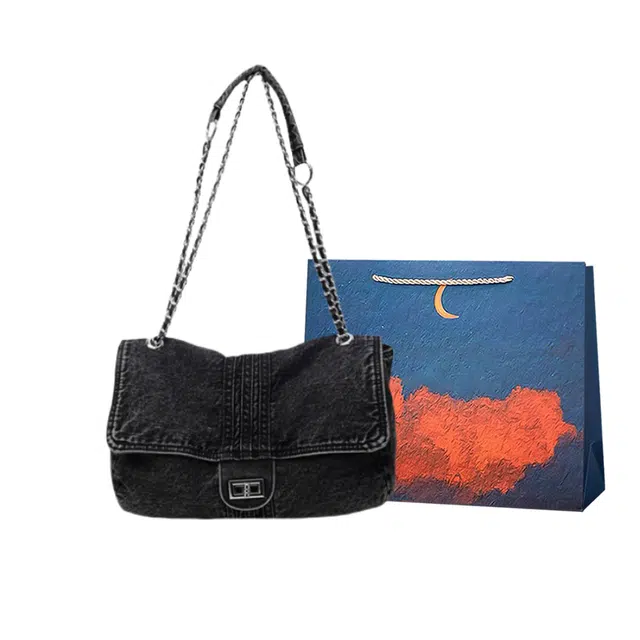 爱尔绅特 简约时尚包包 链条高级感上课通勤女包 牛仔布 单肩 女款 黑色