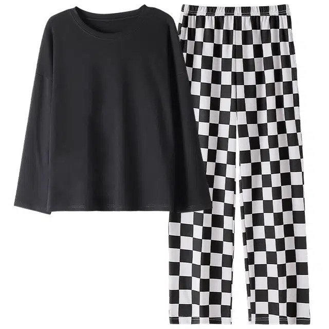 俞兆林 简约圆领舒适长袖上衣休闲长裤睡衣套装 女款 黑色