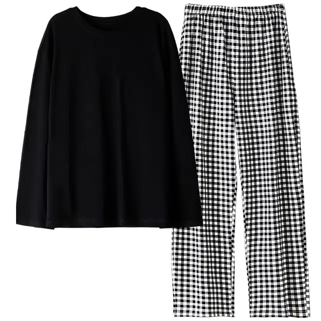 俞兆林 简约舒适圆领长袖上衣休闲长裤睡衣套装 女款 黑色