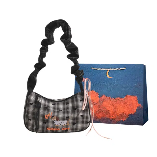 爱尔绅特 小众设计褶皱时尚复古格子百搭 尼龙 单肩腋下斜挎包 女款 黑色/粉色/天蓝色