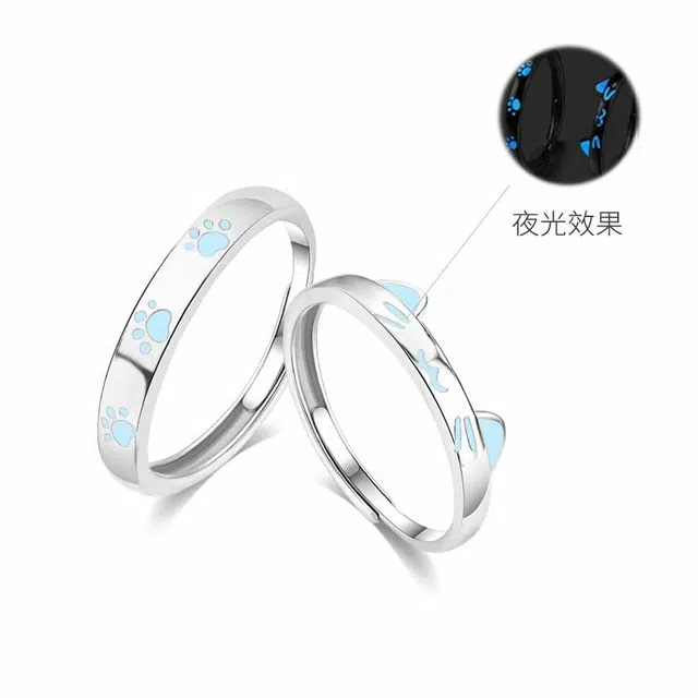 【发夜光S999纯银＋免费刻字】 爱恋珠宝 可爱猫爪夜光纯银对戒软萌猫咪素圈气质创意高级感纪念日 浪漫恋人好运 足银 戒指 男女同款情侣款