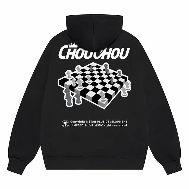 周同学 周杰伦 复古纯色简约潮流创意棋盘格印花连帽宽松套头加绒加厚防寒保暖无性别主义时尚舒适百搭长袖卫衣 男女同款