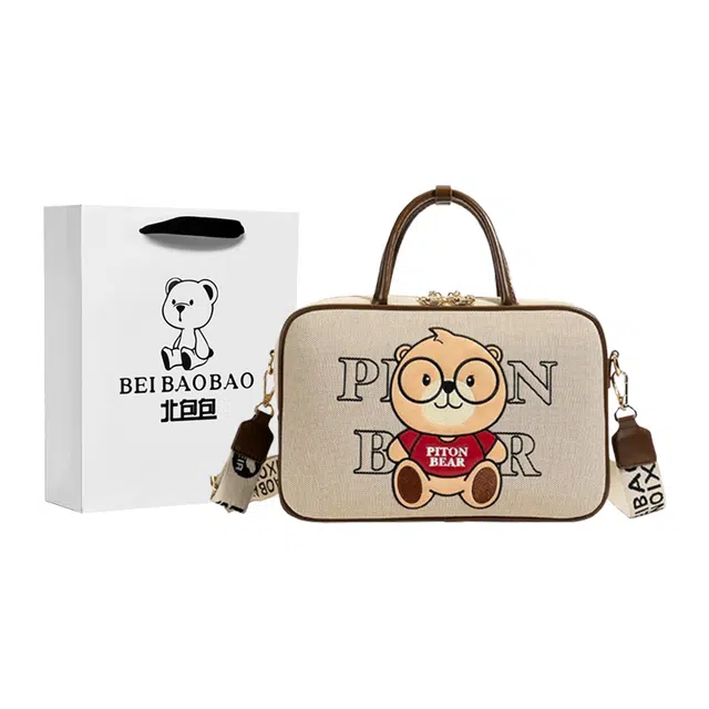 北包包 冬季卡通小熊保龄球包宽肩带单肩包 牛仔布 手提包 女款 米色/蓝色